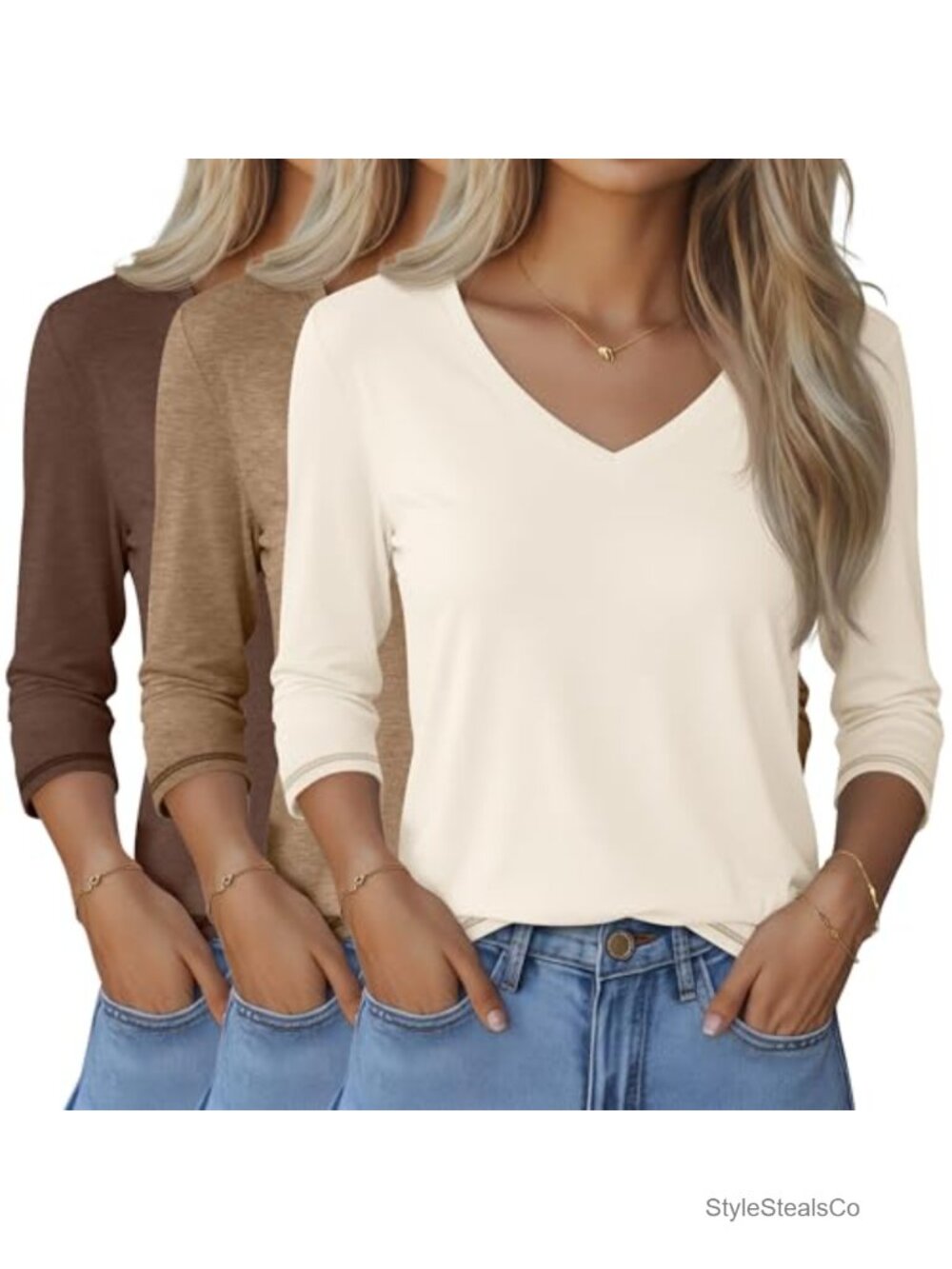 3/4 Sleeve V Neck T-Shirts 3 Pack Women's Casual Tops